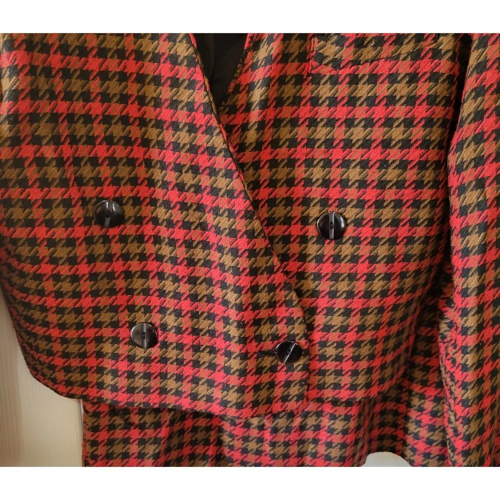 CC Courtenay Skirt Suit Size 10 Red Black Olive Houndstooth Plaid Pockets Bolero